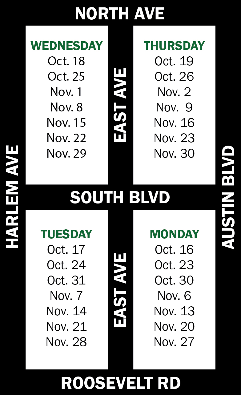 Map showing the 2017 collection schedule for each quadrant of the Village