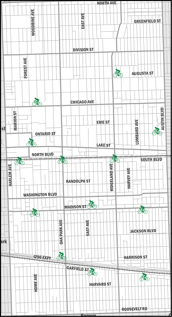 Map of Divvy station locations in Oak Park