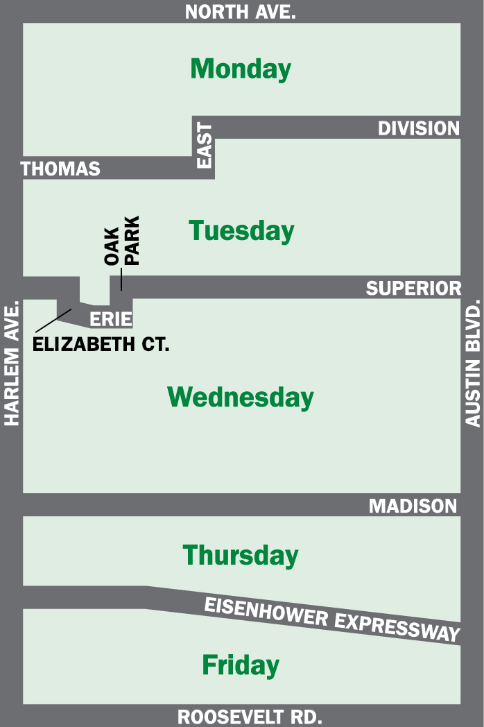 Map showing refuse schedule by day for each designation geographic section of the Village